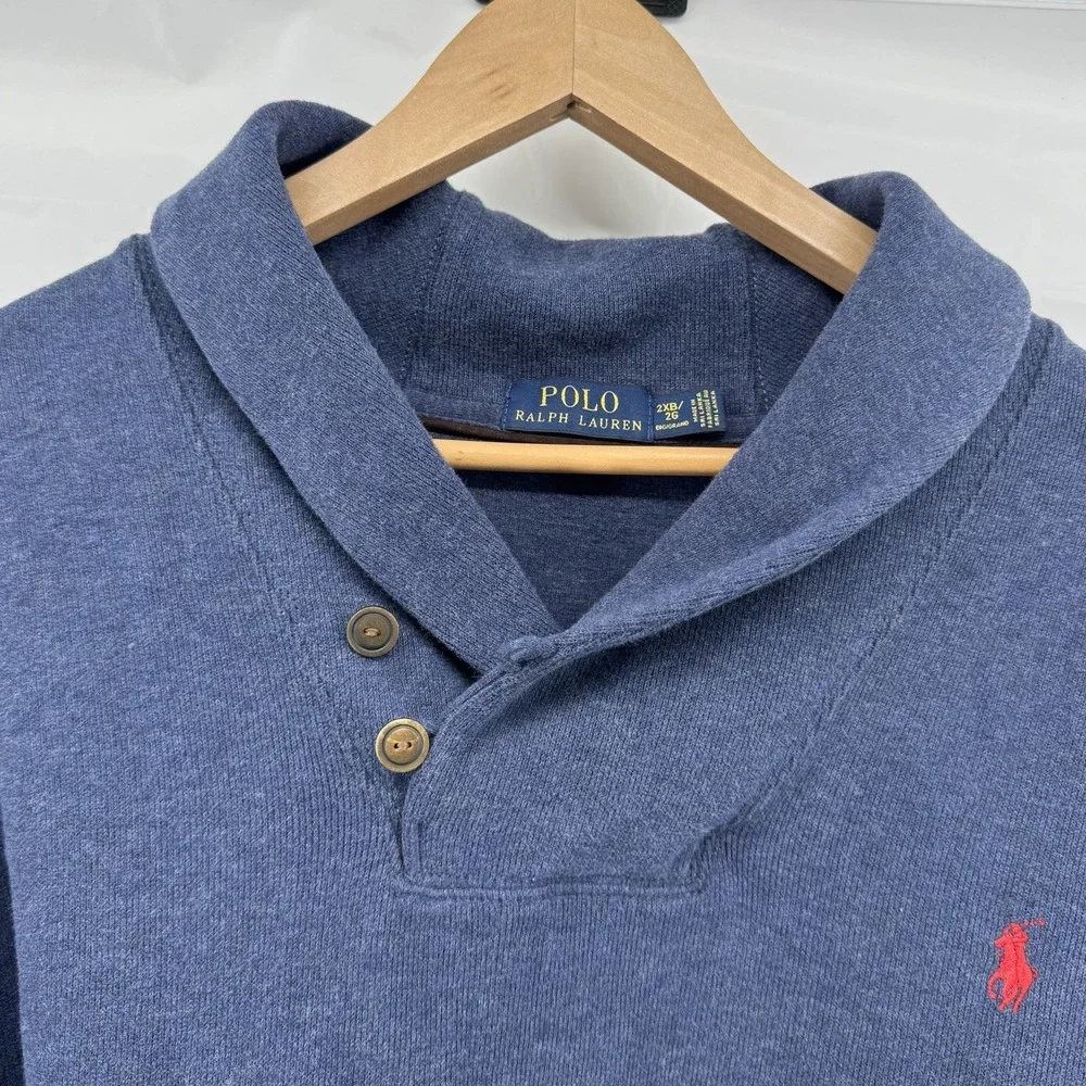 Polo Ralph Lauren Pullover Sweater Mens 2XB/2G Blue Shawl Collar Big Pony Casual